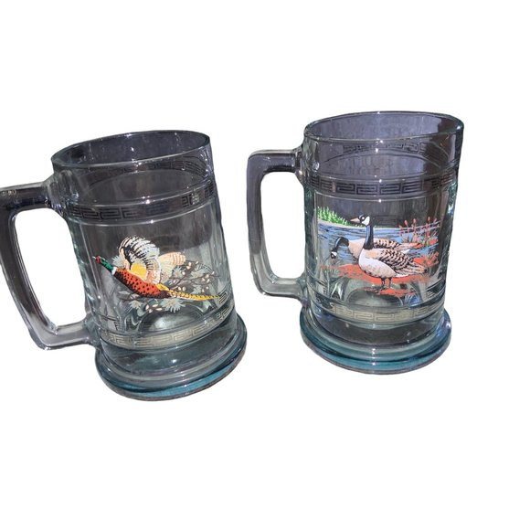 Clear Glass Beer Mugs- Geese, Pheasants- set of 2 - Picture 1 of 6